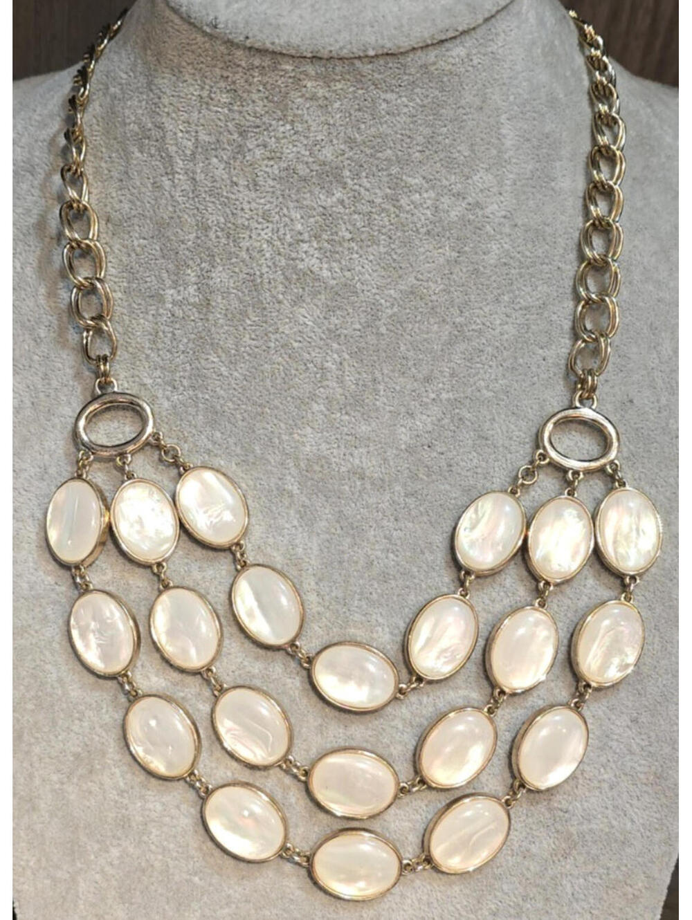 Talbots Genuine Mother of Pearl 3 Row Bib Necklace Gold Tone